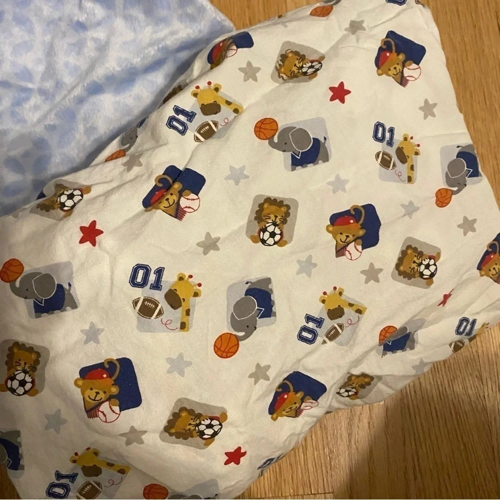 Lambs & Ivy Sports Animals Crib Sheet & Changing Pad Cover Bundle Lot Blue White